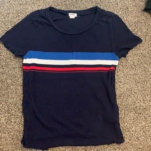 Navy blue crop top with blue white and red stripes